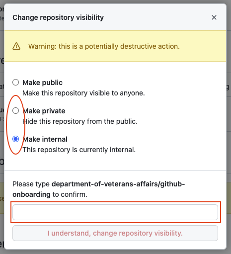 Change repository visibility modal popup