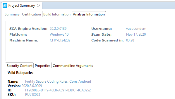 Analysis information tab, security content sub-tab, showing Fortify rulepack version