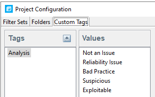 Analysis tag configuration dialog showing default values