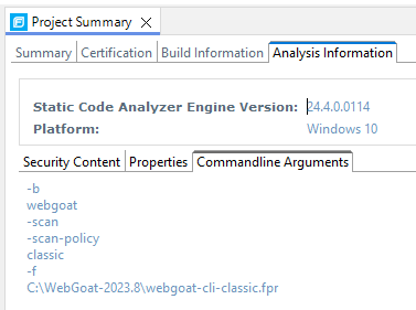 Analysis information tab with the Commandline Arguments sub-tab selected