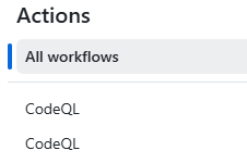 Image of sidebar that lists `Actions`, 'All workflows' and shows two workflows named 'CodeQL'.