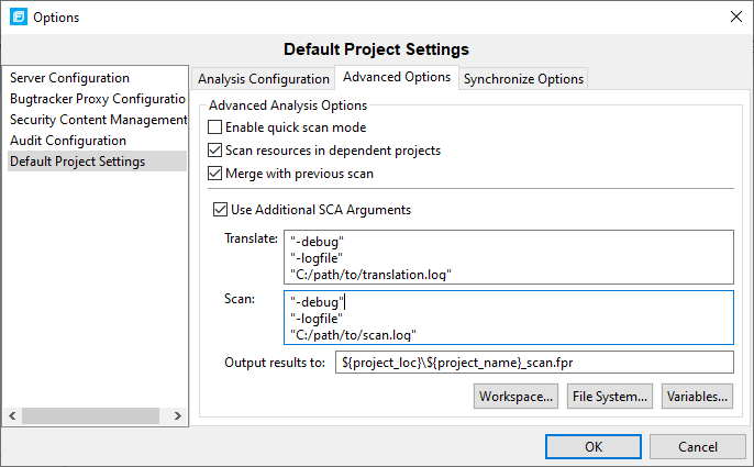 Option dialog default project settings with debugging and logging turned on