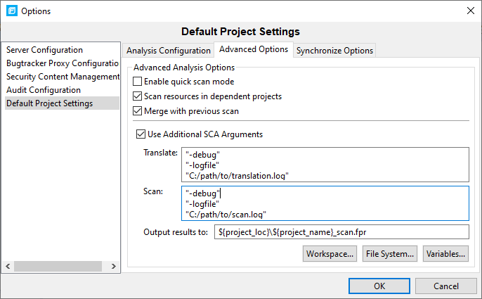 Options dialog, default project settings, advanced options