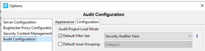 Options dialog, Audit Configuration set default filter set