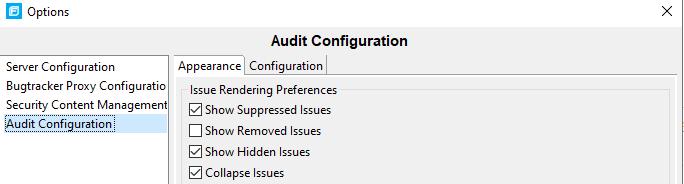 Options dialog, audit configuration with show suppressed issues and show hidden issues checked