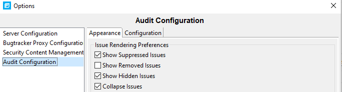 Options dialog, audit configuration