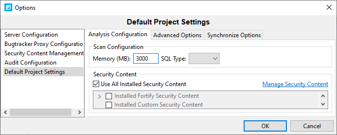 Options, Default Project Seetings, Analysis Configuration dialog to configure memory