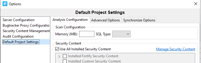 Options dialog, Default Project Settings with Use All Installed Security Content selected