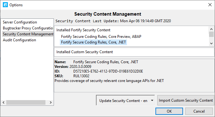Options dialog, Security Content Management showing rulepack version number