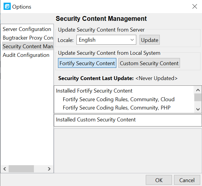 Options dialog, security content management GUI update