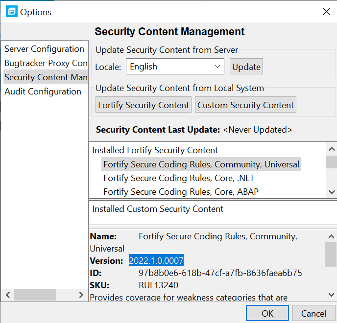 Options dialog showing rulepack version