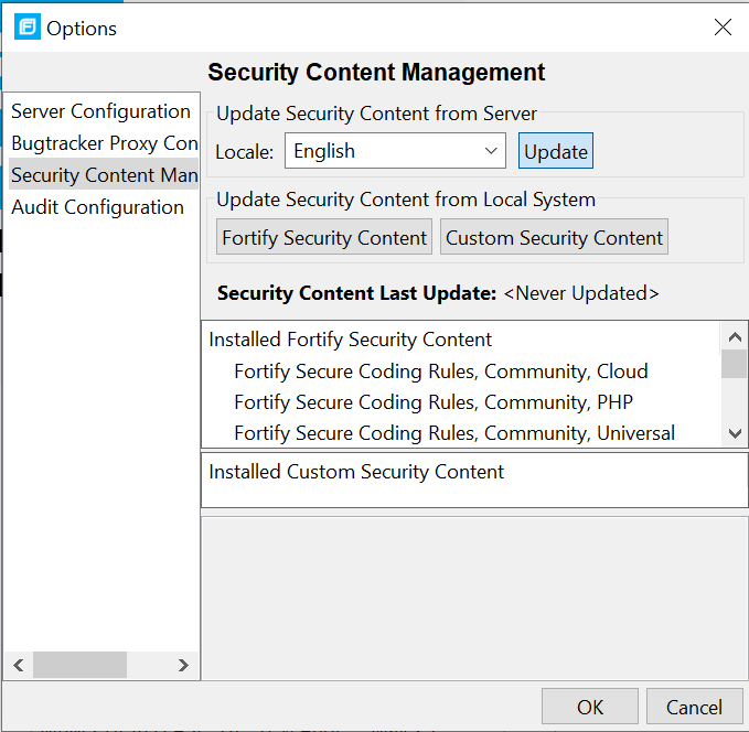 Options dialog, security content management screen