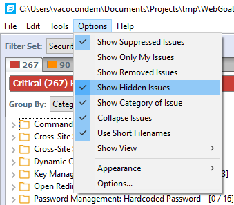 Options menu with show suppressed issues and show hidden issues checked
