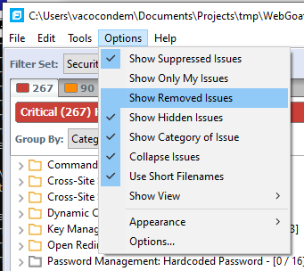 Options menu with show removed issues highlighted