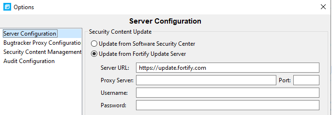 Options dialog, server configuration