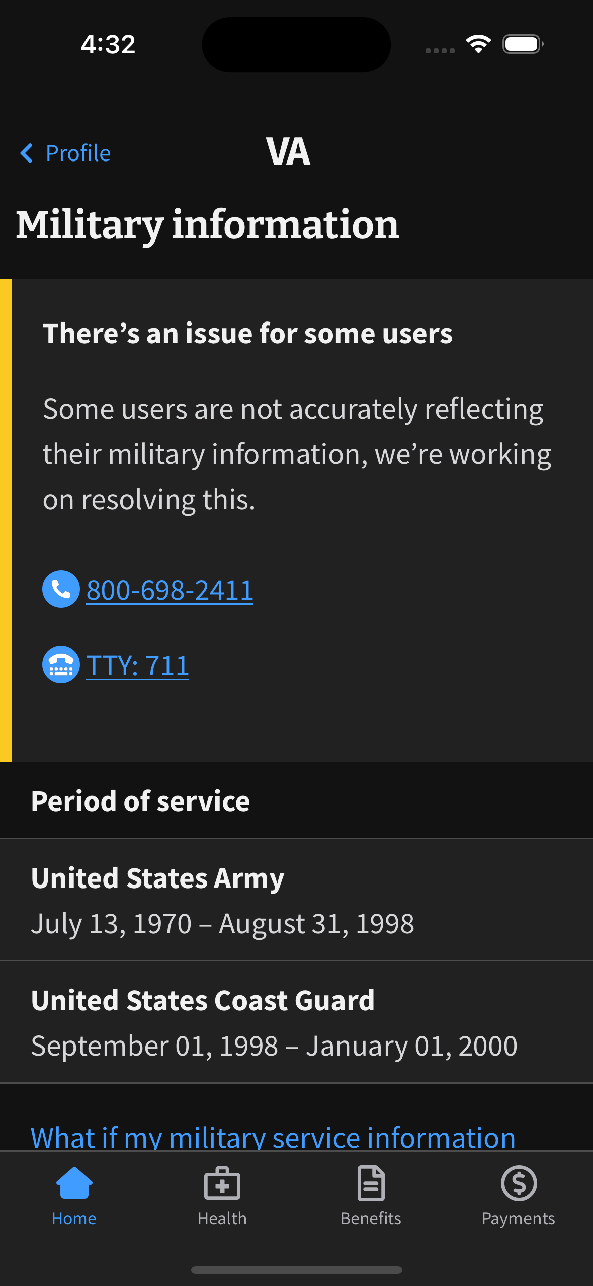 The VA Mobile app with a non-dismissable warning message letting the user know that something might be wrong for some users and we&#39;re working to fix the issue