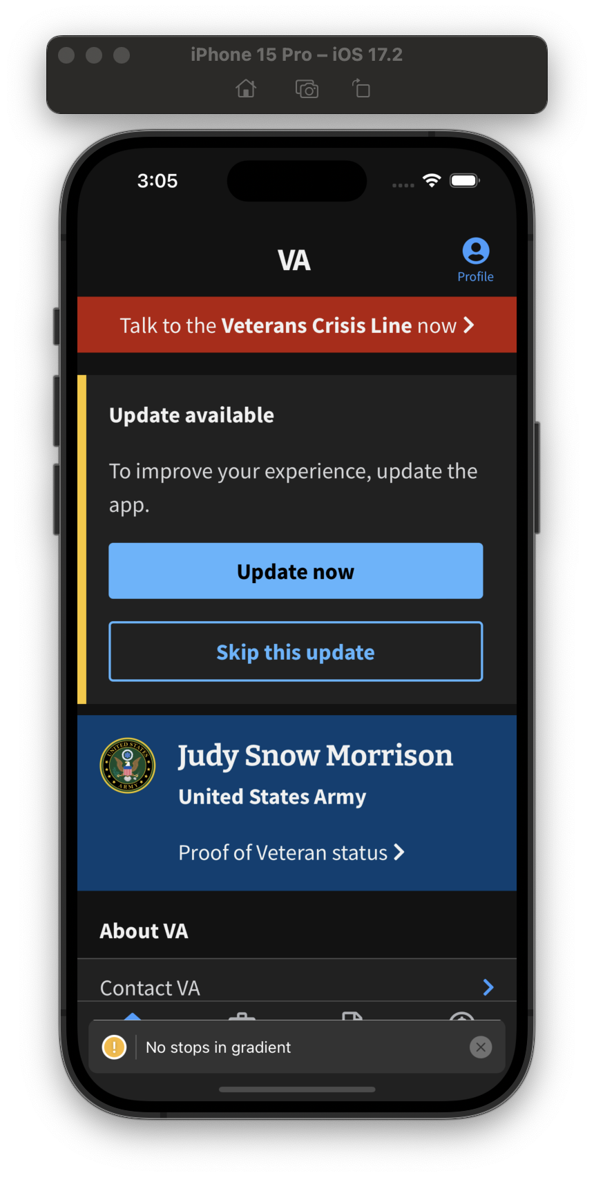 The VA mobile app showing an example of an encouraged update for a user