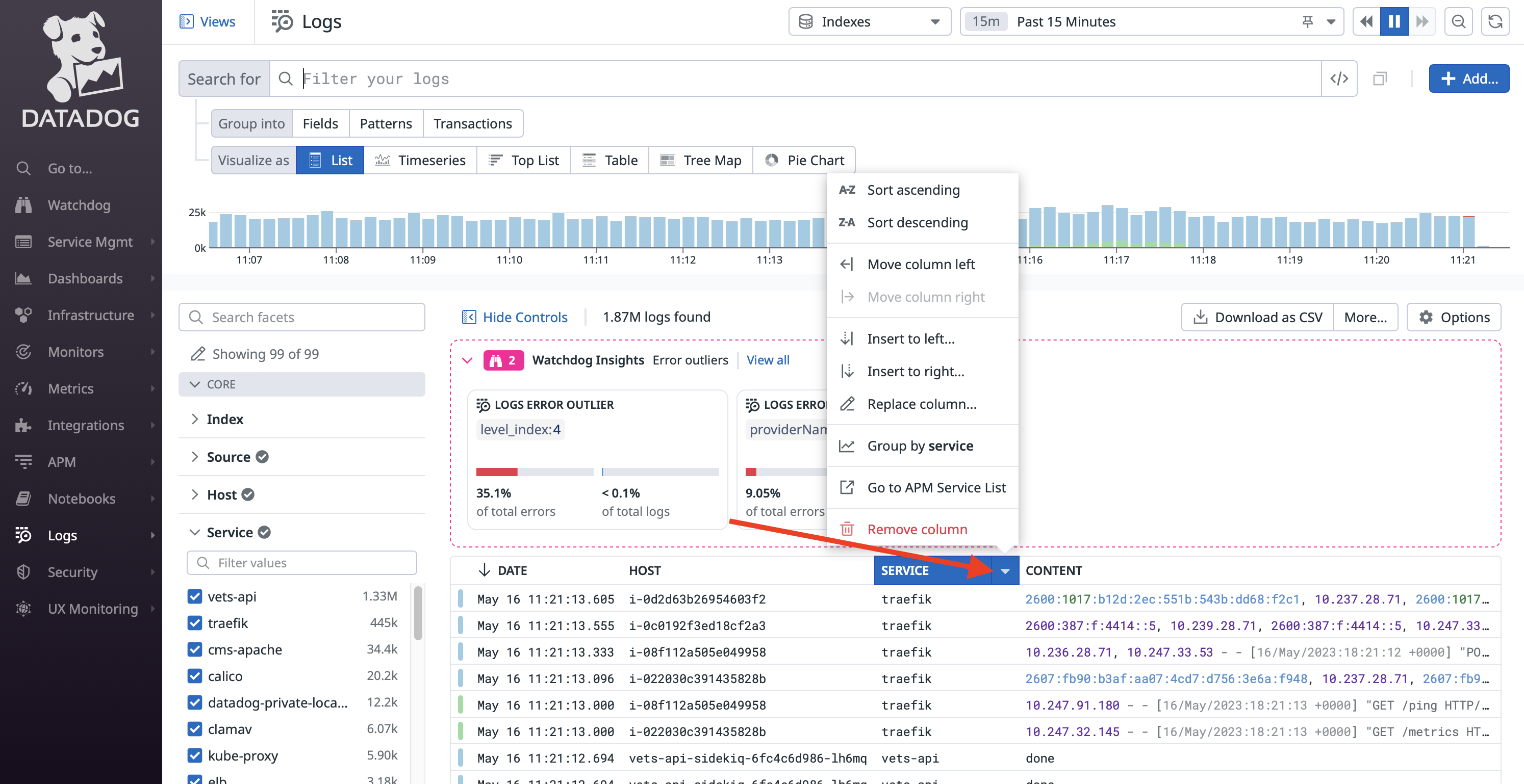 Sorting columns option in Datadog