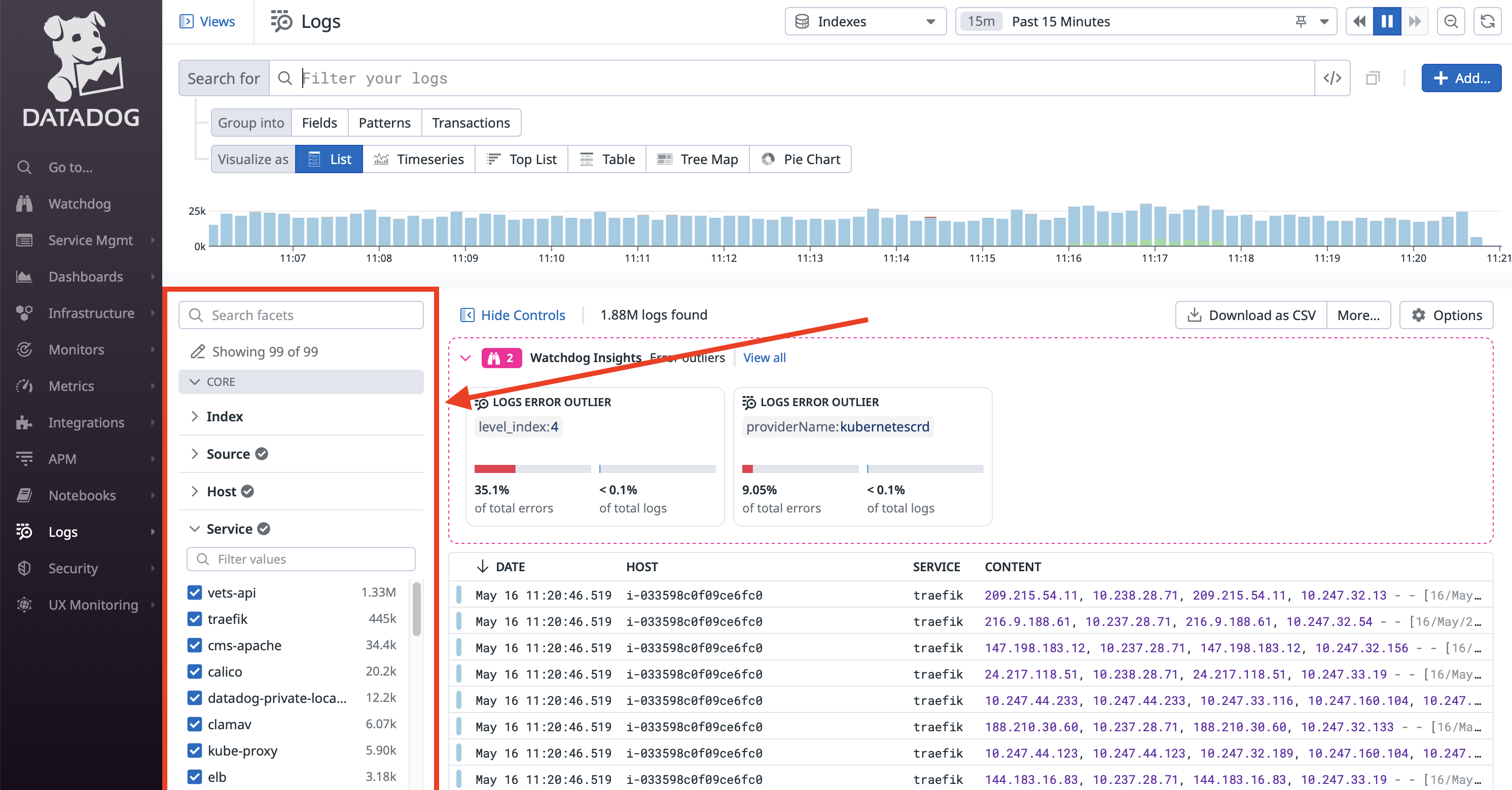 Facet selection panel in Datadog