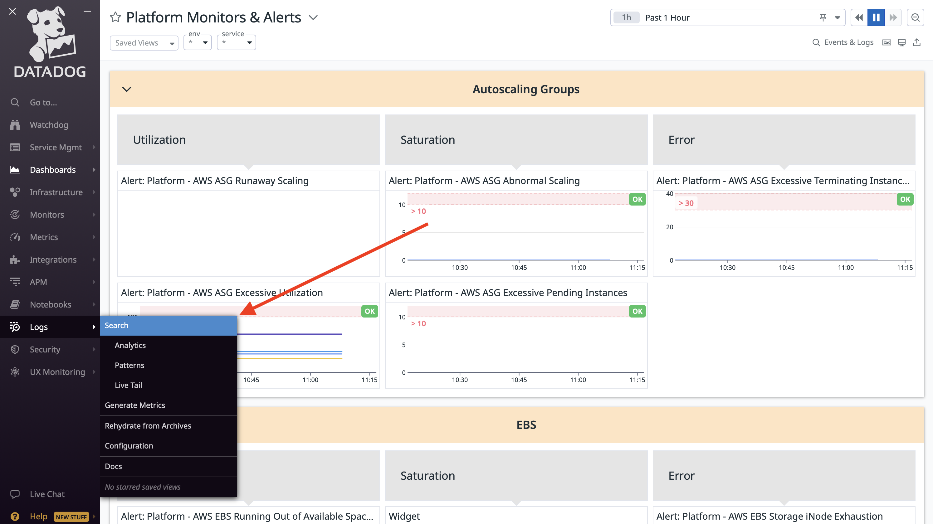 Expanded Logs sidebar menu item in Datadog