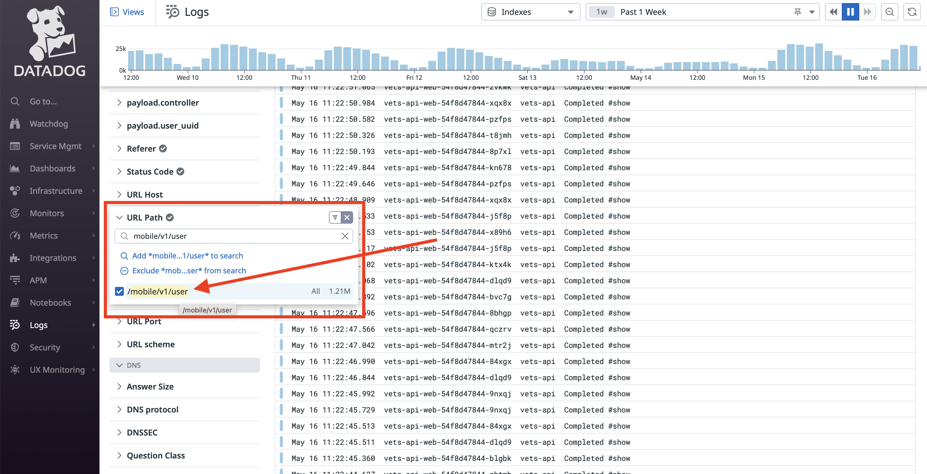 Example user endpoint log in Datadog