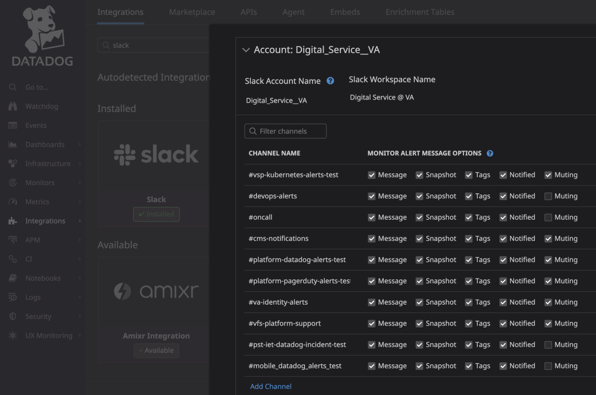 VA Digital Service slack integration dashboard with a list of available slack channels