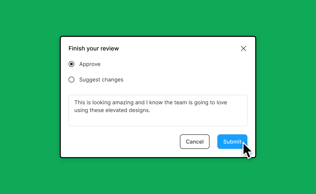 Screenshot of finish review modal with approve selected