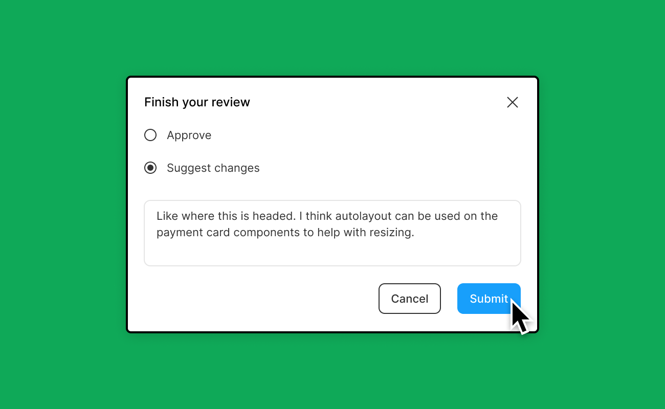 Screenshot of finish review modal with suggest selected