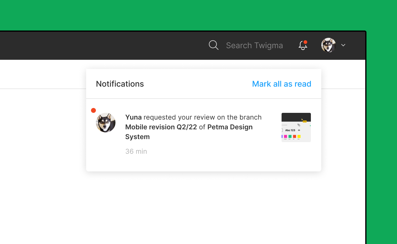 Screenshot of notification of review in Figma