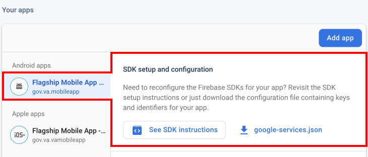 Firebase console apps section where you can find the google services file for Android