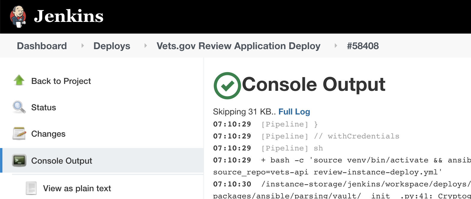 Console output in Jenkins