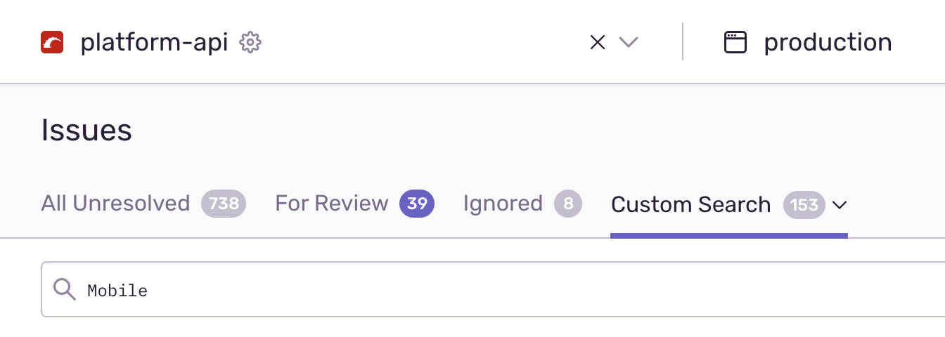 Search box in Sentry containing the word mobile