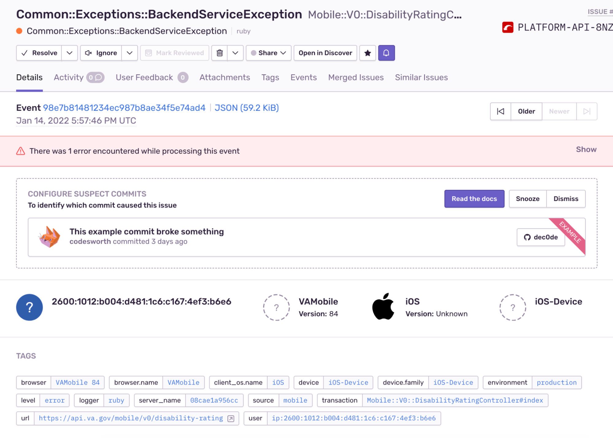 Error result page in Sentry