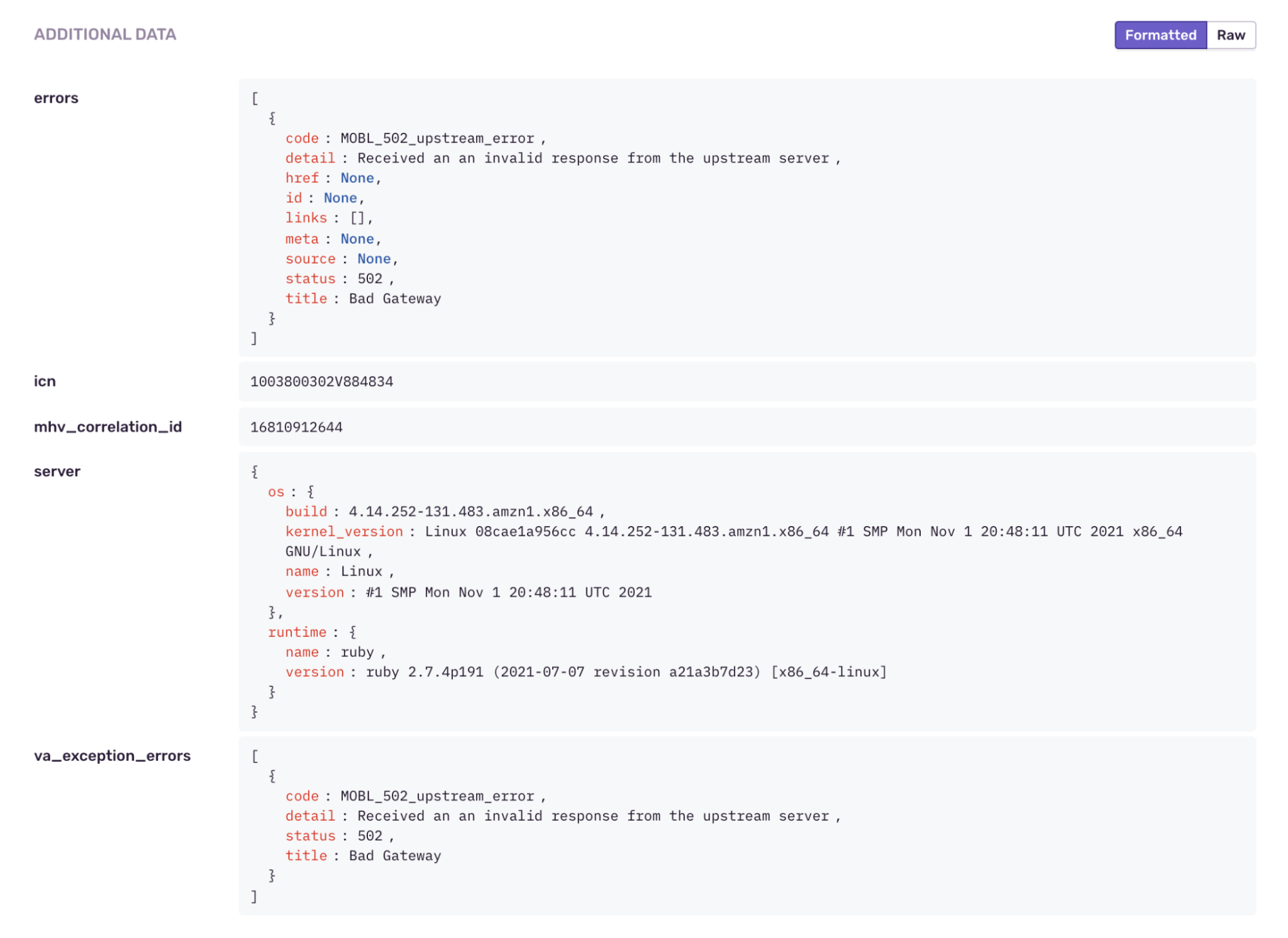 Other upstream errors included in the log output