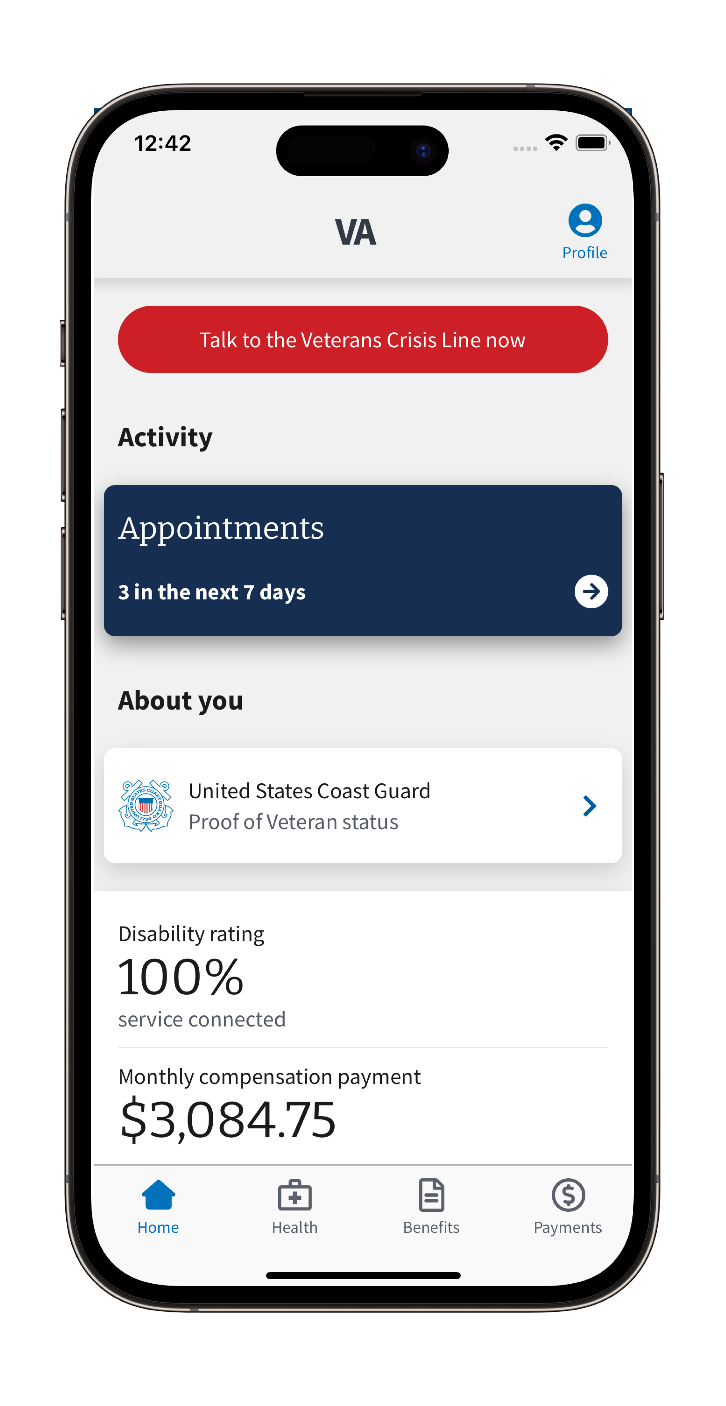 Screenshot of VA Health and Benefits app